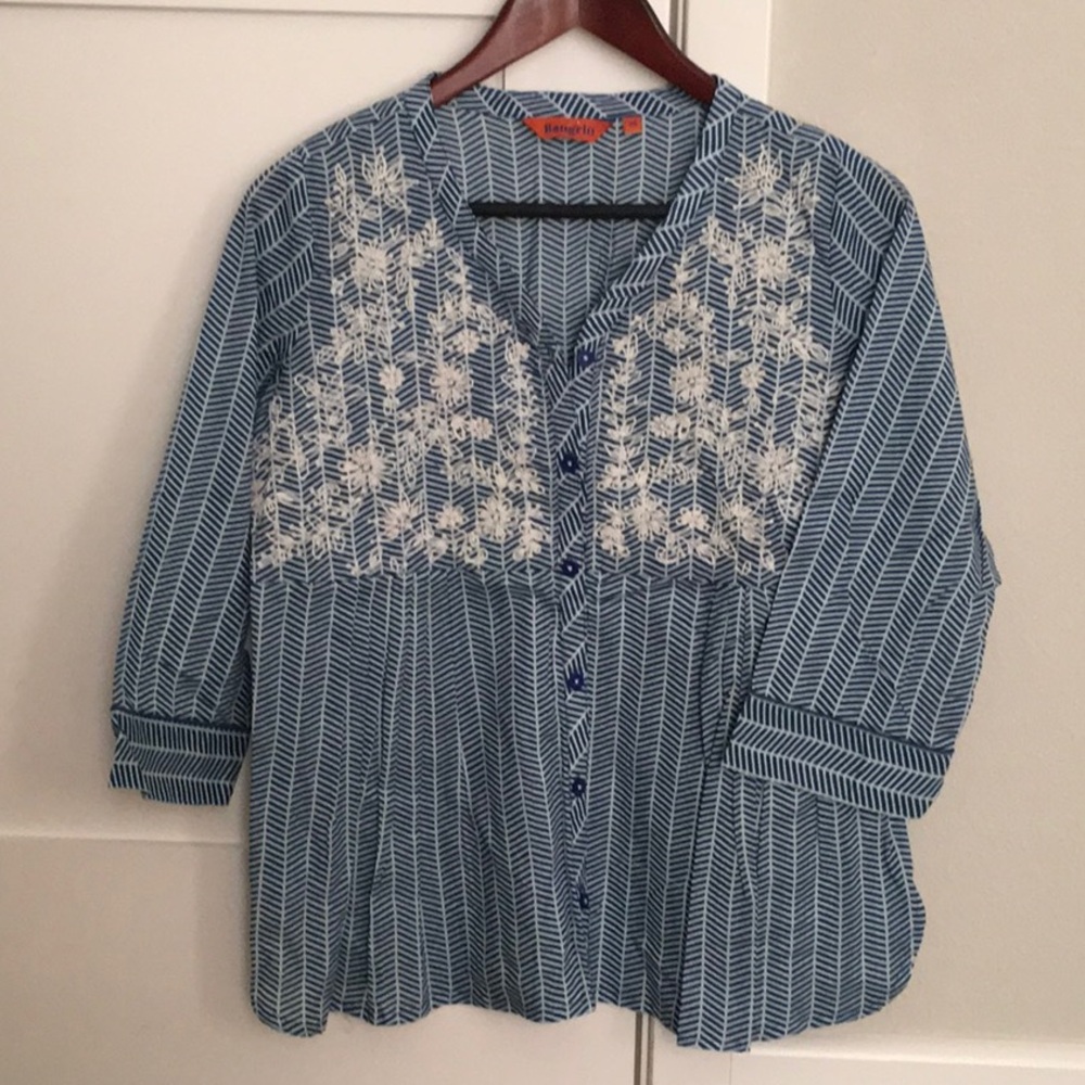 Blue and White 3/4 Sleeve Blouse with Mandarin Collar